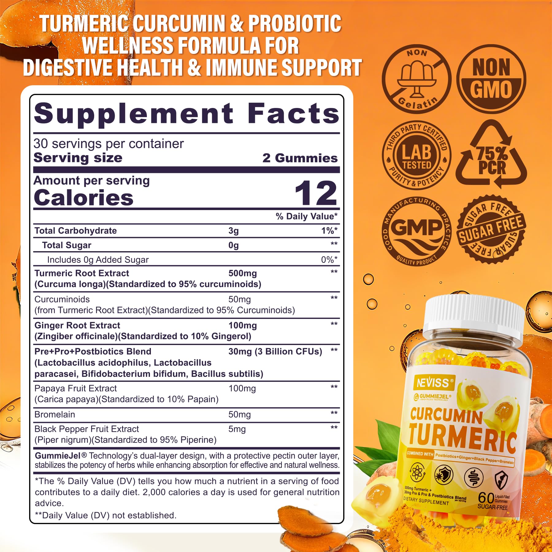 NEVISS gummies label close-up highlighting 95% curcuminoids for turmeric strength.