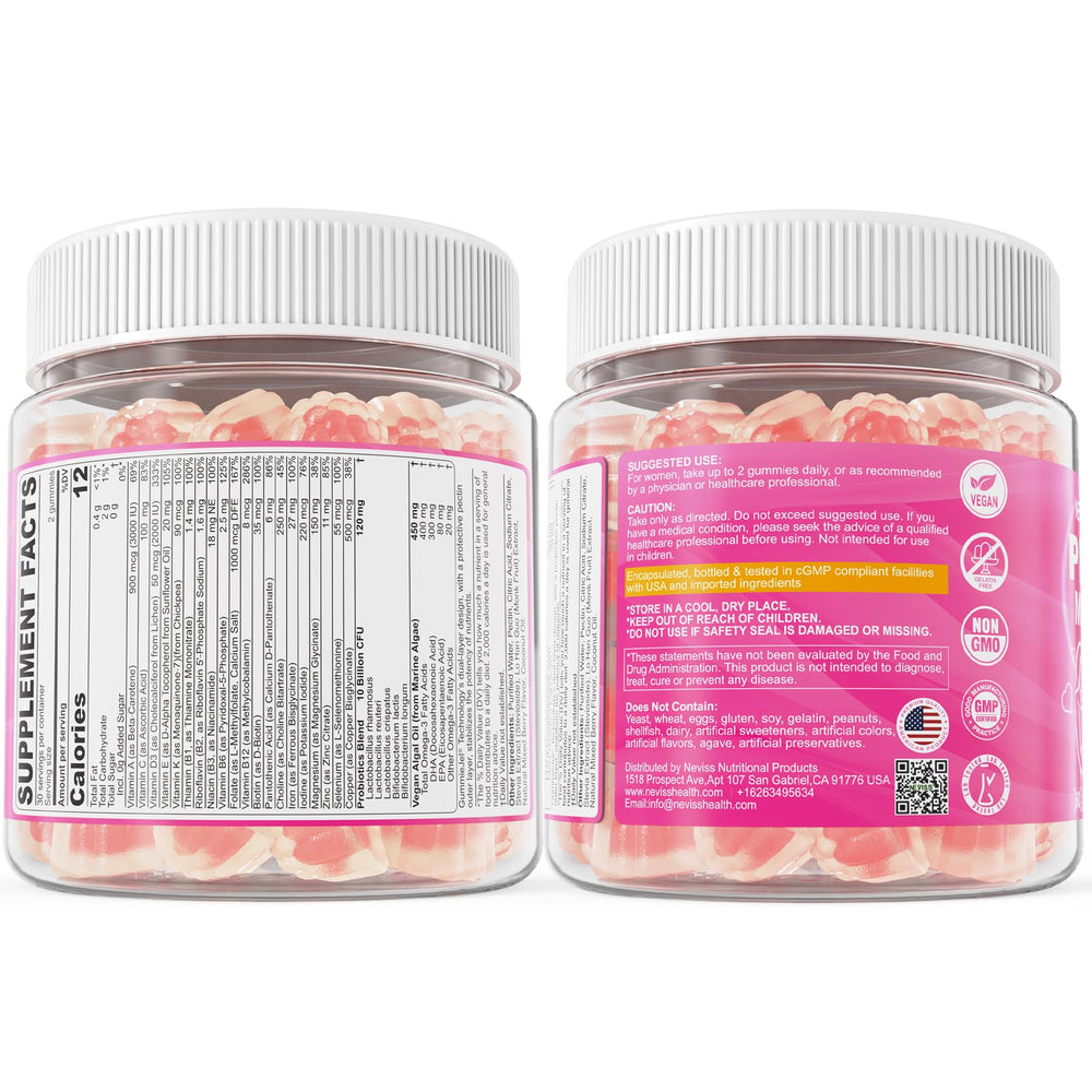 NEVISS sugar-free gummy texture with monk fruit and berry flavor.