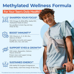 NEVISS teens focus energy gummies close-up highlighting methylated B-vitamins