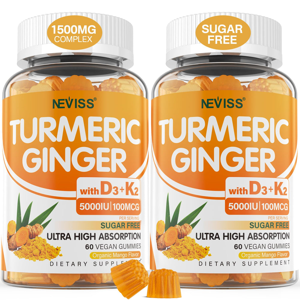 NEVISS turmeric ginger gummies bottle display supports bone and immune health