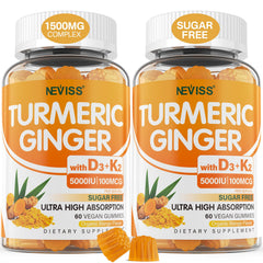 NEVISS turmeric ginger gummies bottle display supports bone and immune health