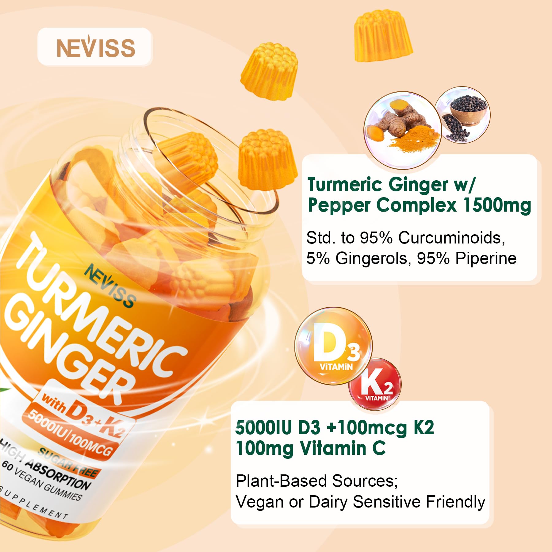 NEVISS gummies closeup shows chewy texture and natural ingredients