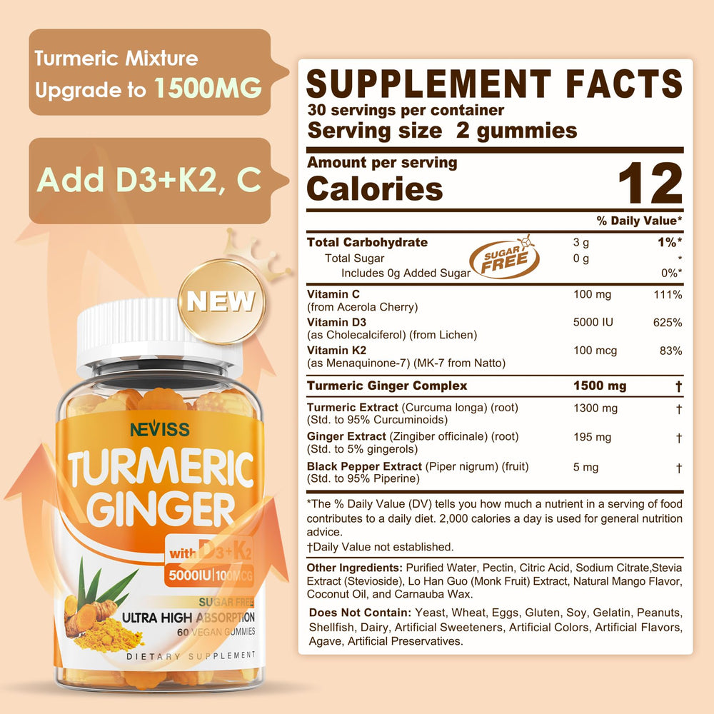 NEVISS turmeric ginger gummies label highlights vegan sugar-free formula for daily wellness