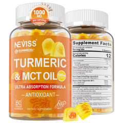 NEVISS Turmeric Gummies bottle-front with convenient daily wellness benefits