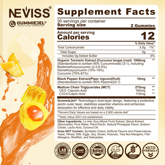 NEVISS Turmeric Gummies inner liquid center detail highlights curcumin and MCT blend.