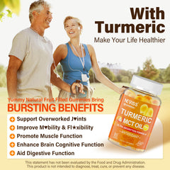 NEVISS Turmeric Gummies mango flavor in clear bottle.