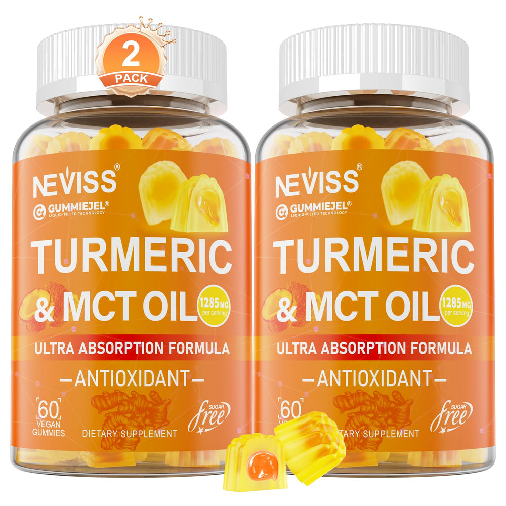 NEVISS Turmeric Gummies outer-shell liquid-center for enhanced absorption.