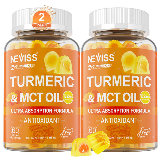 NEVISS Turmeric Gummies outer-shell liquid-center for enhanced absorption.