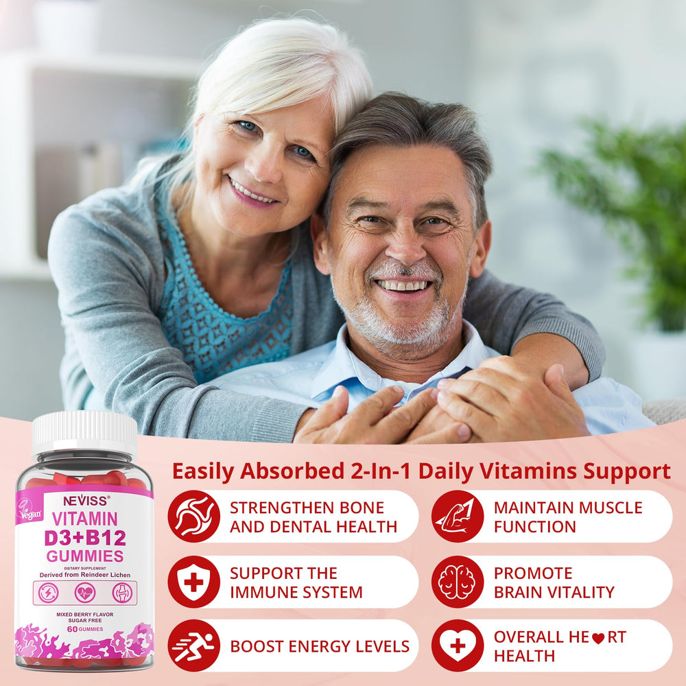 NEVISS bottle close up emphasizes high potency D3 and B12 per serving.