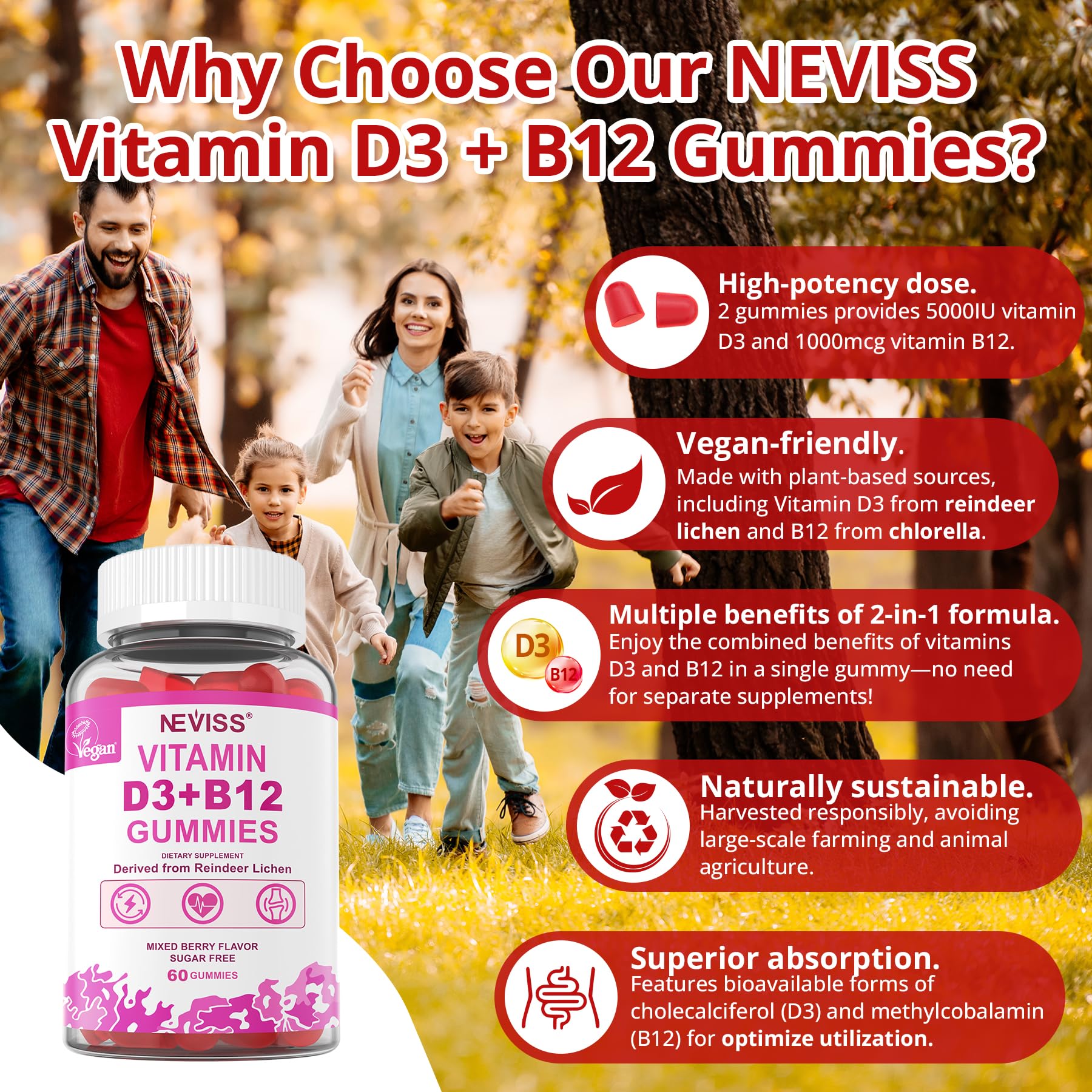 NEVISS gummies label close up shows natural mixed berry flavor.
