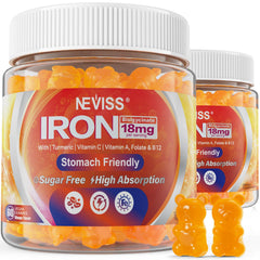 NEVISS vegan iron gummies front label showing 18 mg iron per serving.