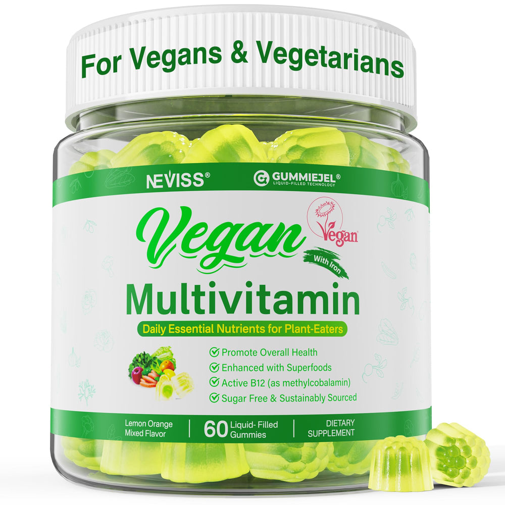 NEVISS vegan multivitamin bottle for daily plant-based nutrition.