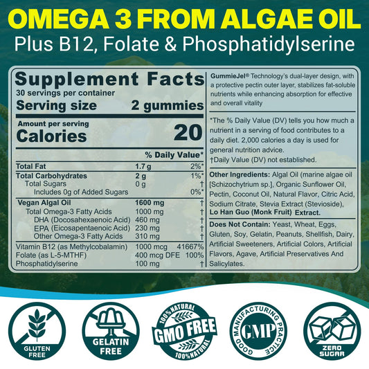 NEVISS vegan omega-3 gummies bottle back showing ingredients and nutrition