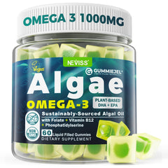 NEVISS vegan omega-3 gummies bottle front with algae based DHA EPA benefits