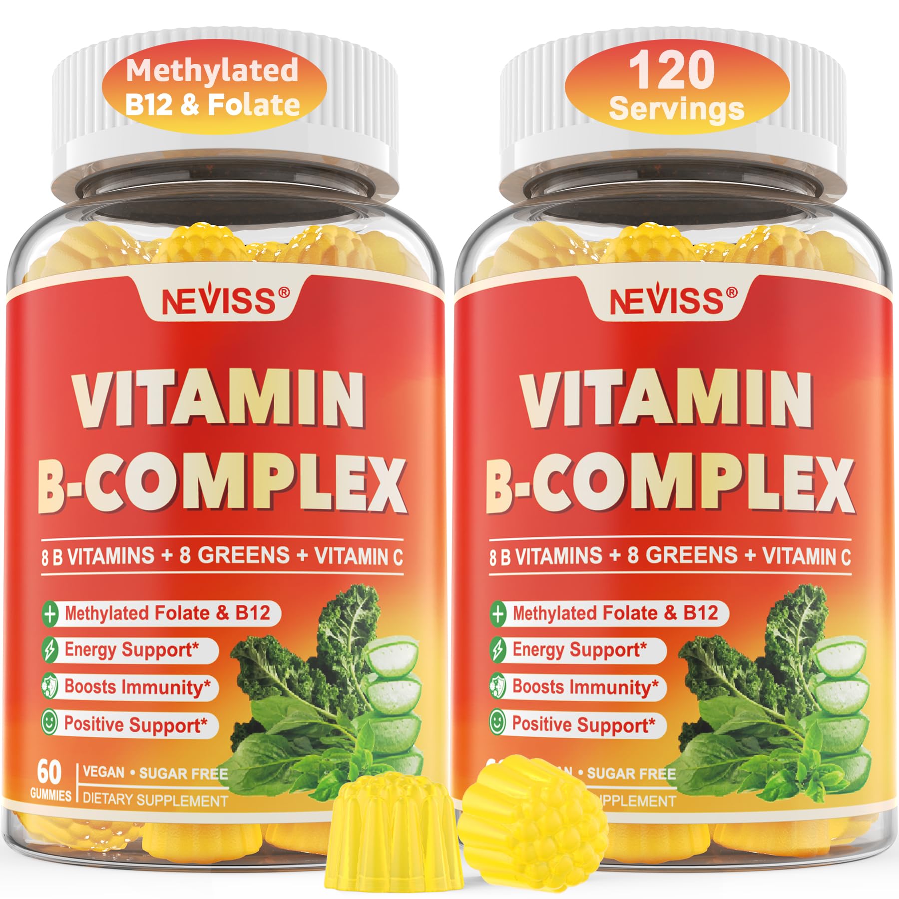 Neviss Vitamin B Complex Gummies bottle highlighted for daily energy support.