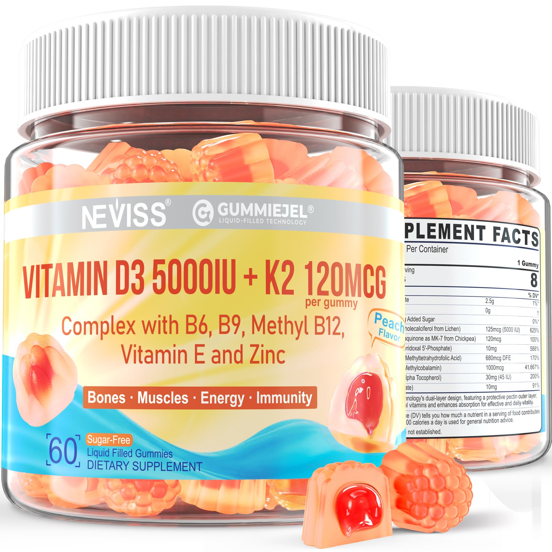 Neviss Vitamin D3K2 gummies bottle, easy daily supplement for bone support.