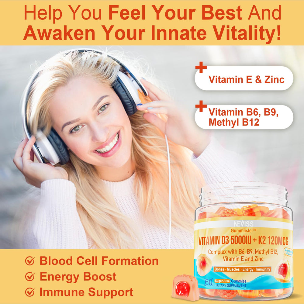 Neviss Vitamin D3K2 gummies peach-flavor, tasty daily dose for wellness.