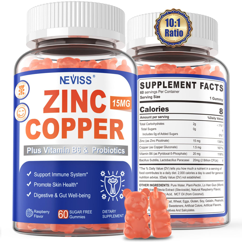 NEVISS zinc copper balance bottle highlights the mineral duo for immune and gut support
