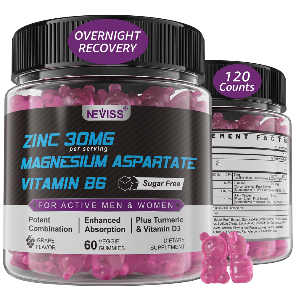 NEVISS Zinc Magnesium Aspartate Gummies bottle for post-workout recovery.