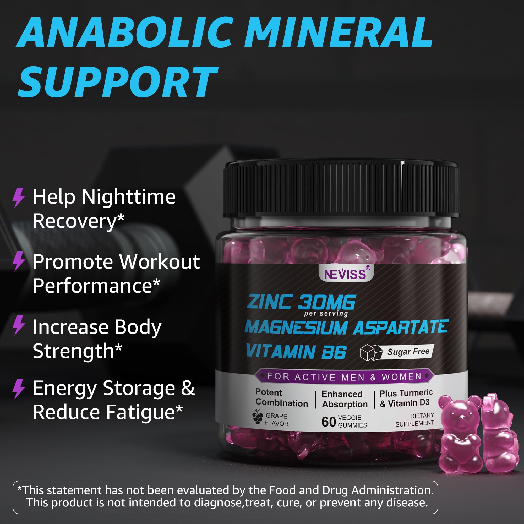 NEVISS gummies on a bedside table showcasing nighttime recovery use.