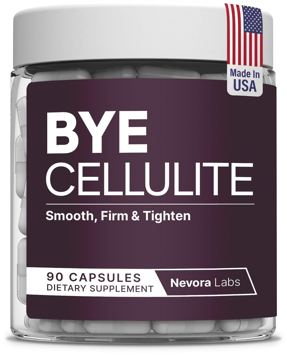 Nevora Labs Bye Cellulite bottle shown for convenient daily smoothing.
