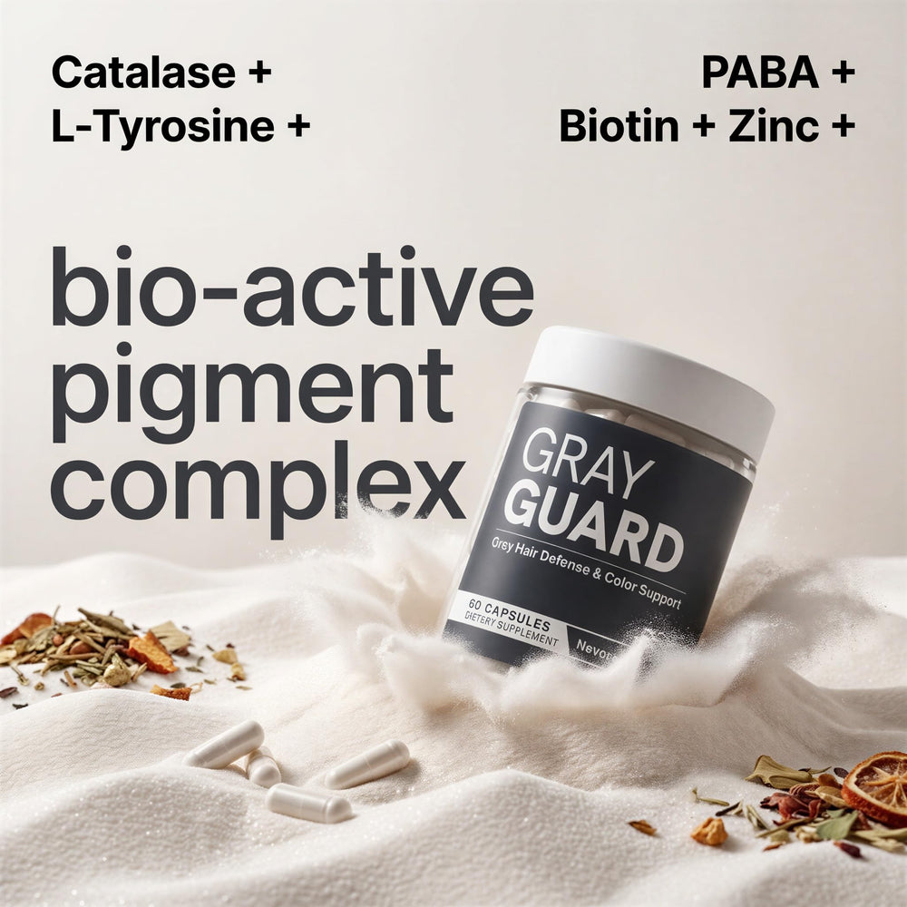 Nevora Labs Gray Guard bottle back showing ingredients and daily serving.