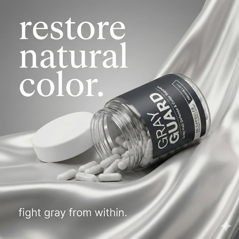 Nevora Labs Gray Guard bottle front highlighting packaging for pigment care.