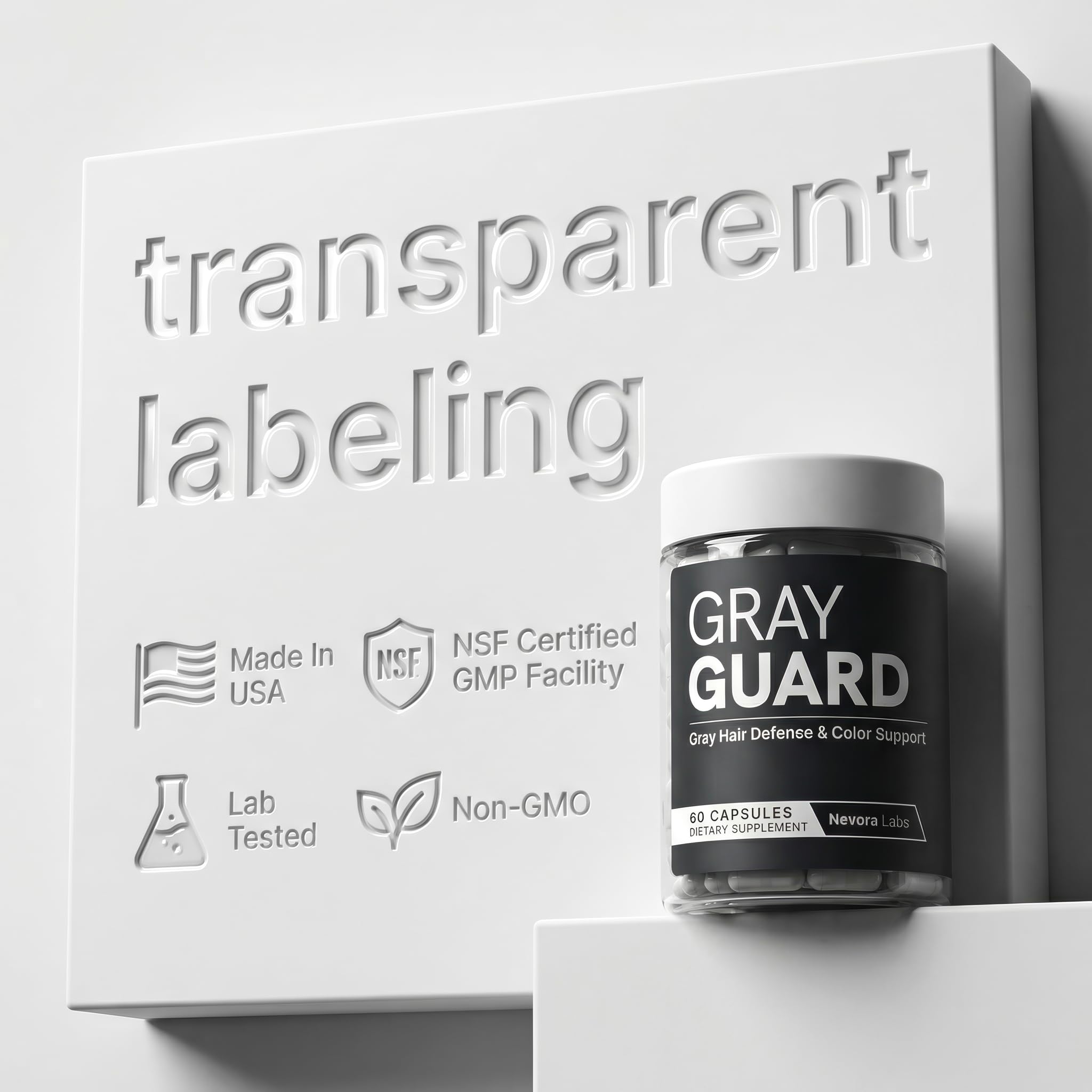 Close-up of Nevora Labs Gray Guard capsules ready for daily intake.