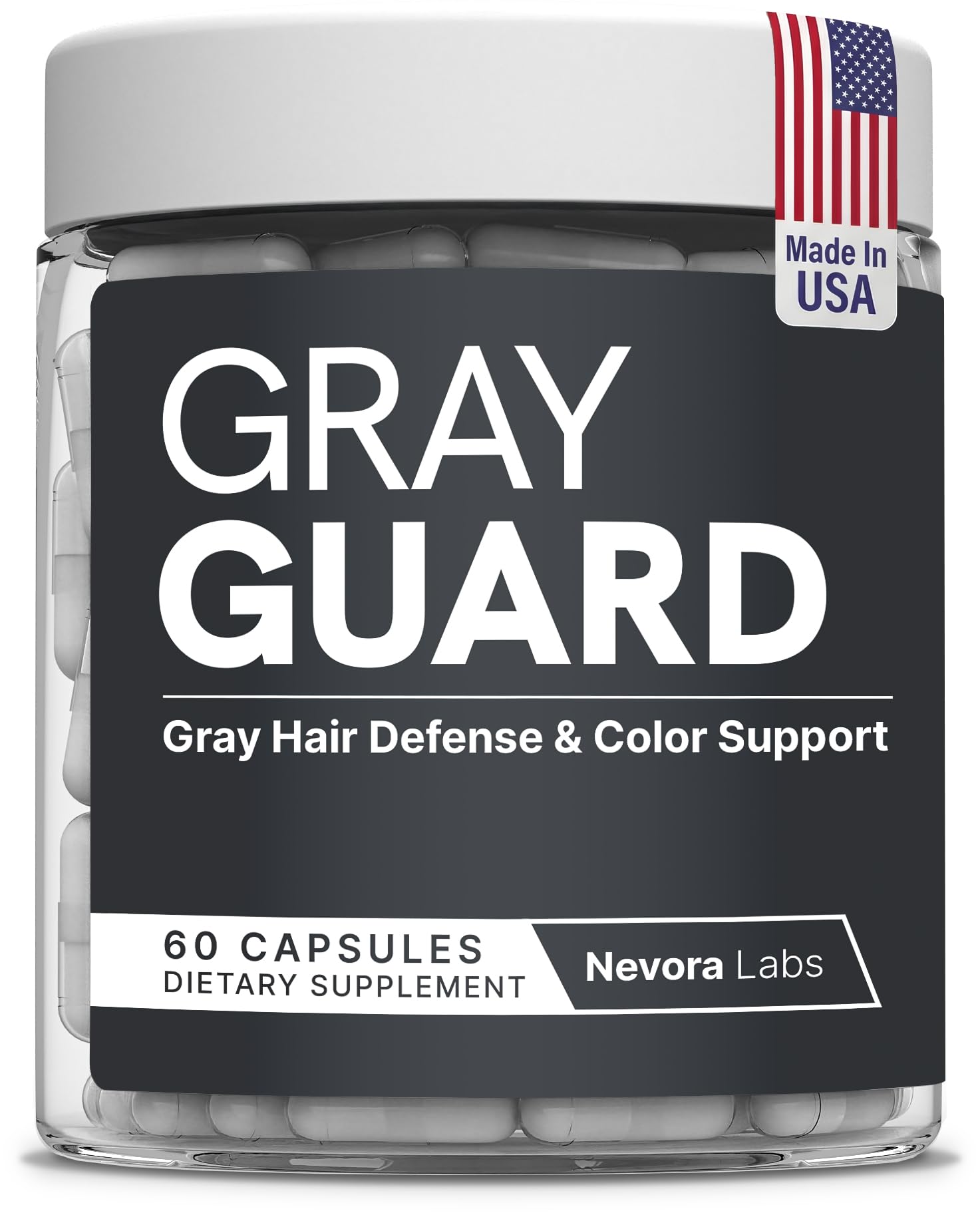 Nevora Labs Gray Guard capsules in bottle for daily pigment support.