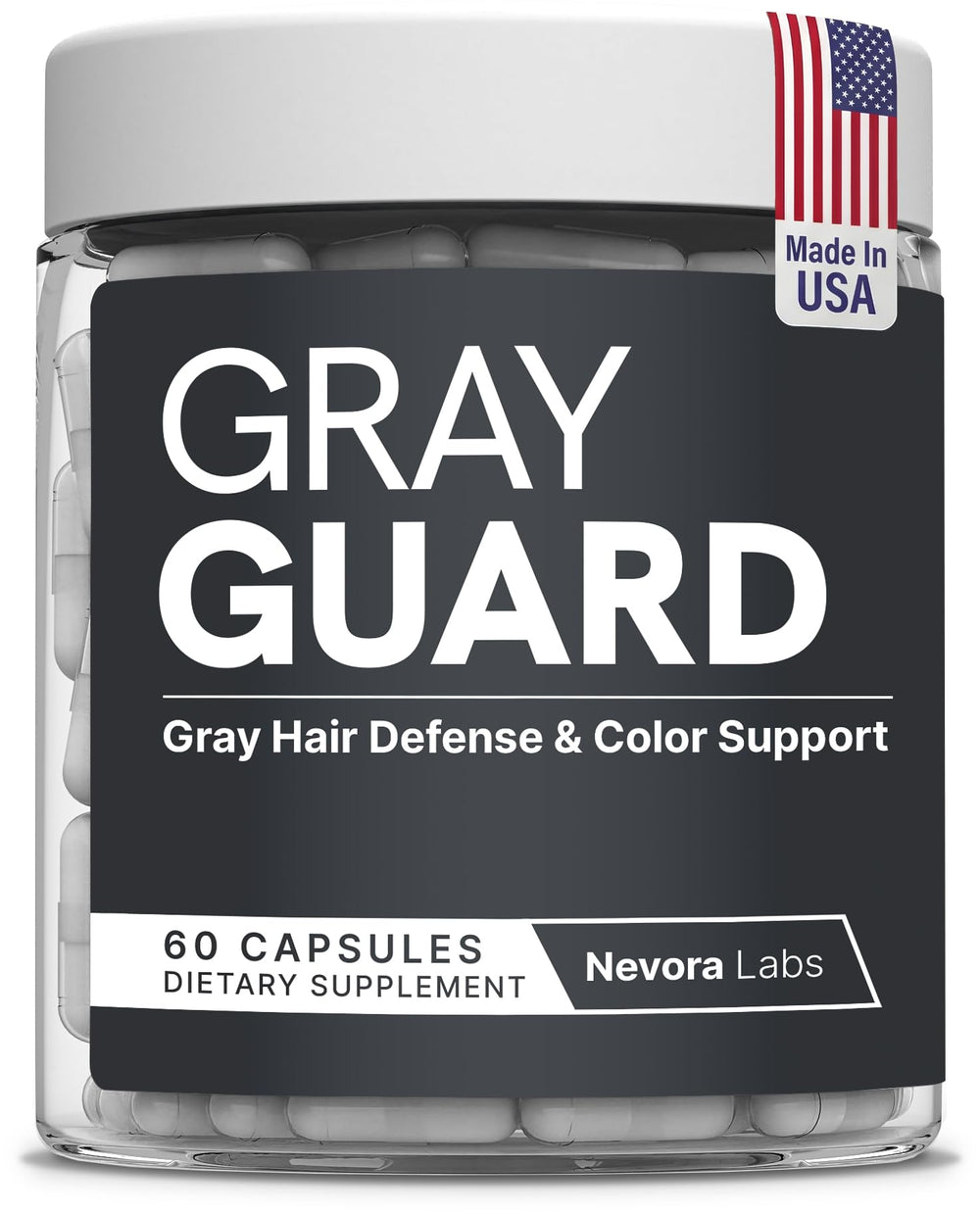 Nevora Labs Gray Guard capsules in bottle for daily pigment support.