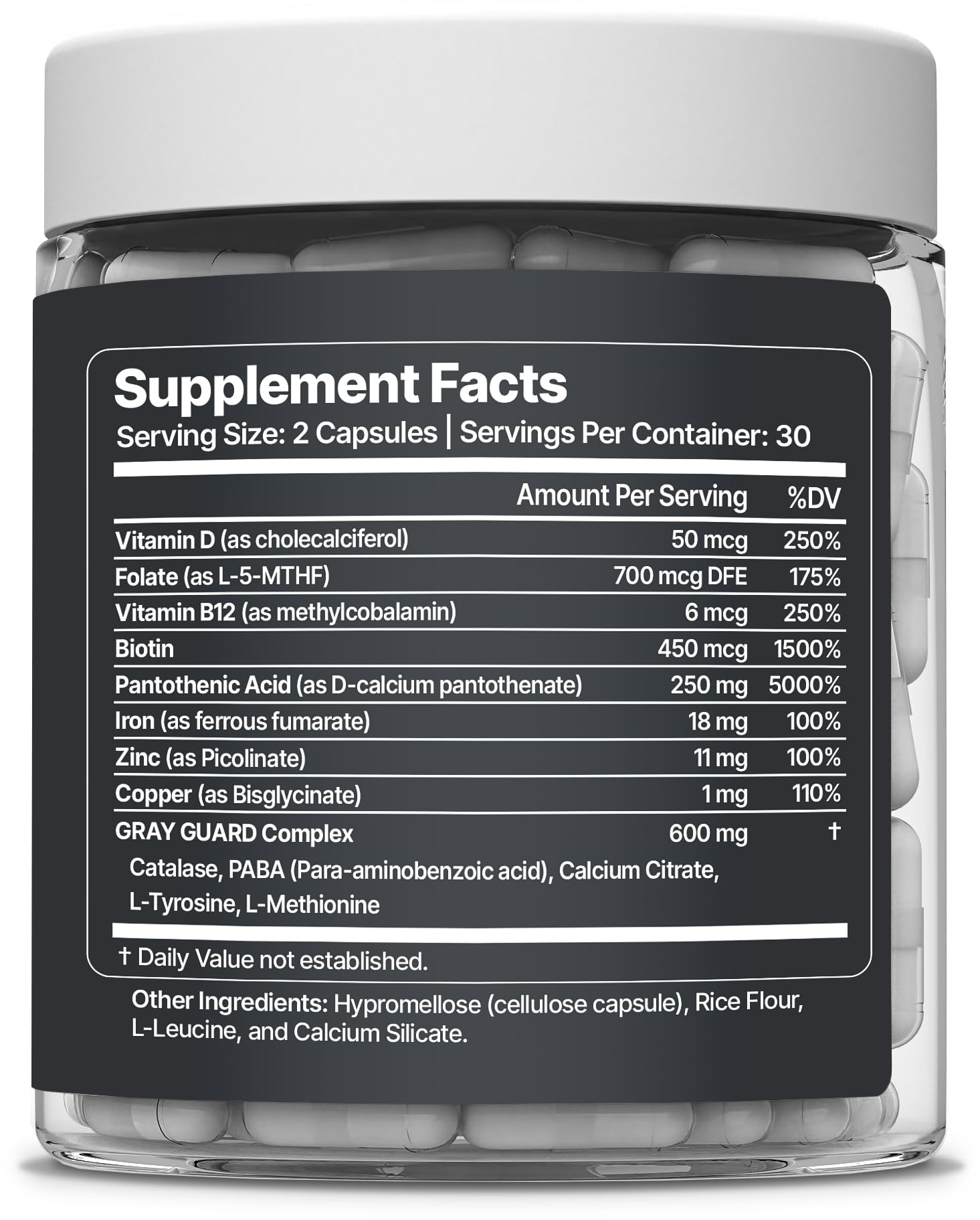 Nevora Labs Gray Guard ingredients chart highlighting catalase and nutrients.