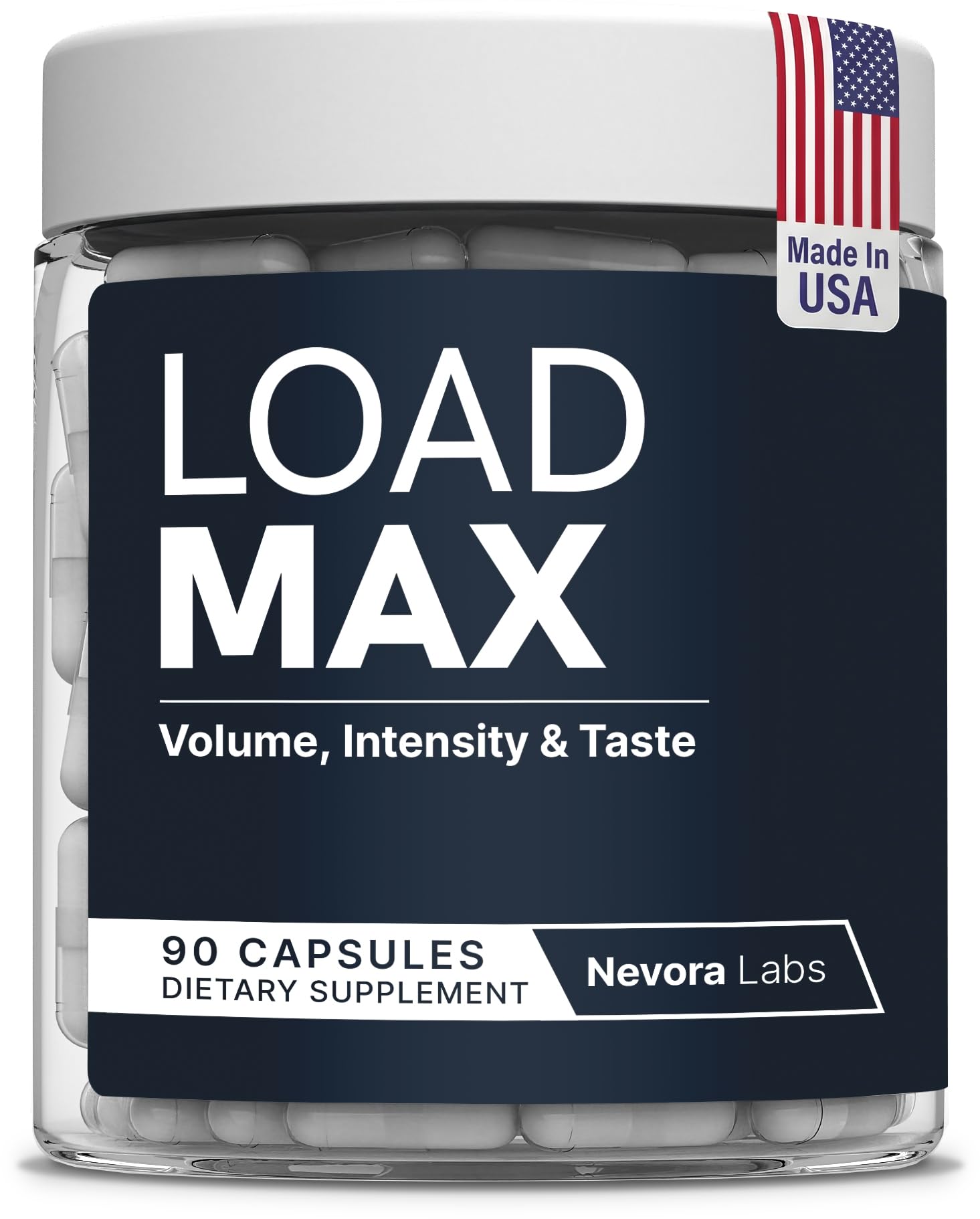 Nevora Labs Load Max bottle front view for convenient semen volume support.