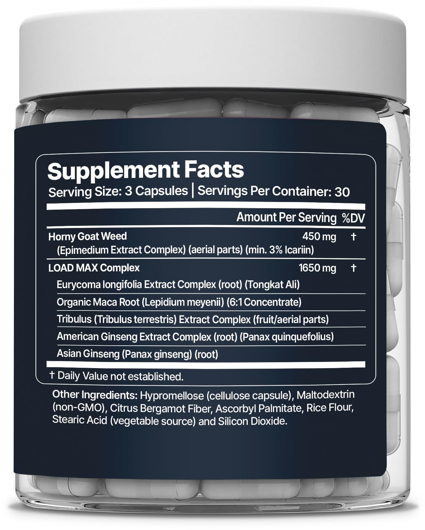 Nevora Labs Load Max label close-up with NSF cGMP quality claim.