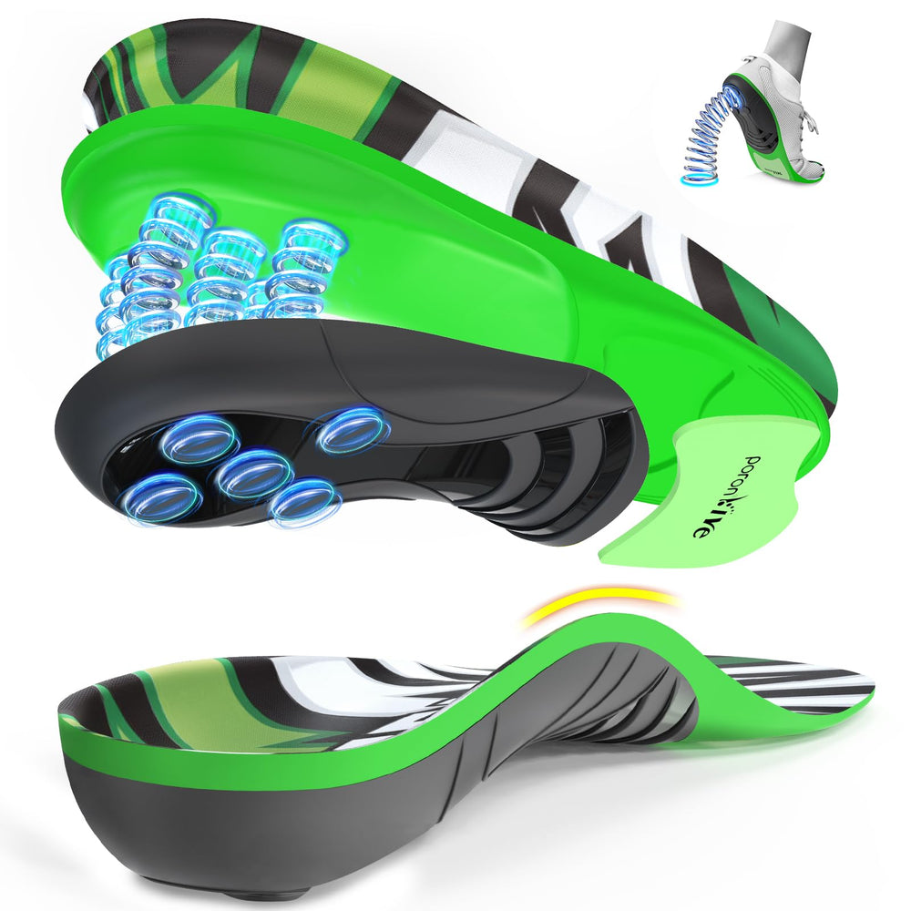 NEVVIS Dynamic Spring Insole shows heel-strike action with 5-spring propulsion for energy in every step.