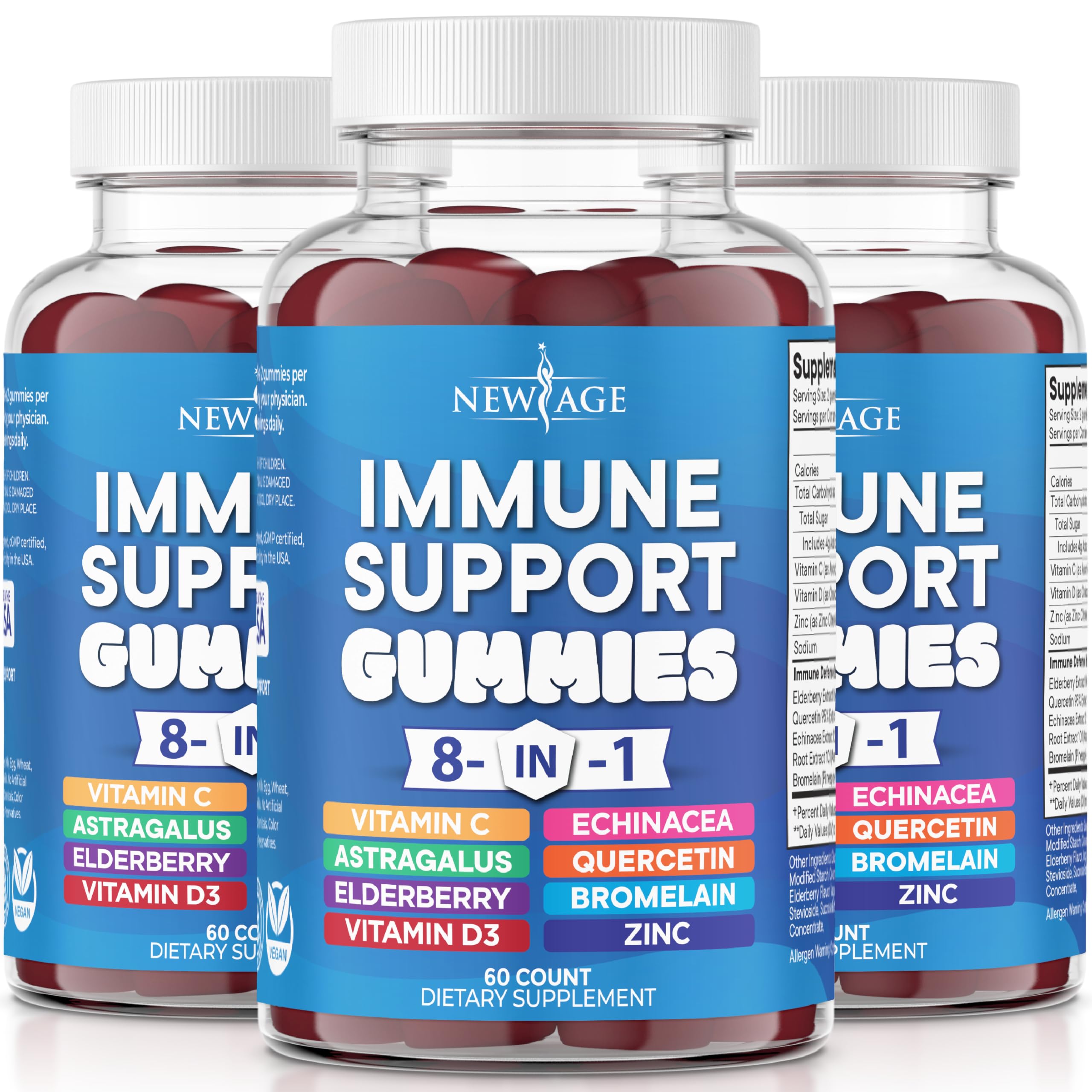 NEW AGE 8-in-1 immune gummies bottle closeup highlighting trusted blend for daily support
