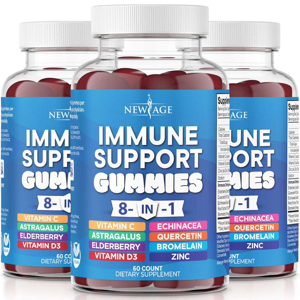 NEW AGE 8-in-1 immune gummies bottle closeup highlighting trusted blend for daily support