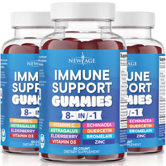 NEW AGE 8-in-1 immune gummies bottle closeup highlighting trusted blend for daily support