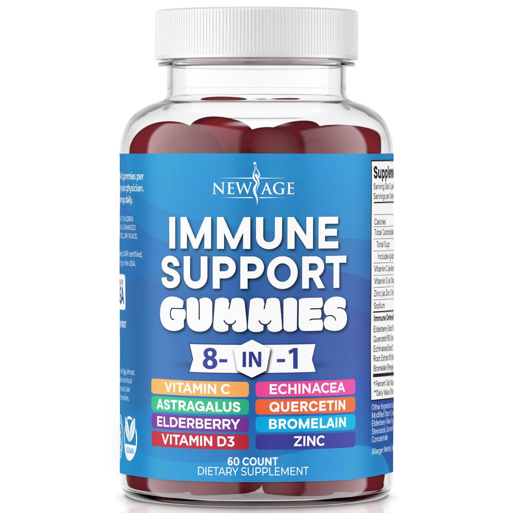 NEW AGE 8-in-1 immune bottle displaying the comprehensive daily gummy formula.