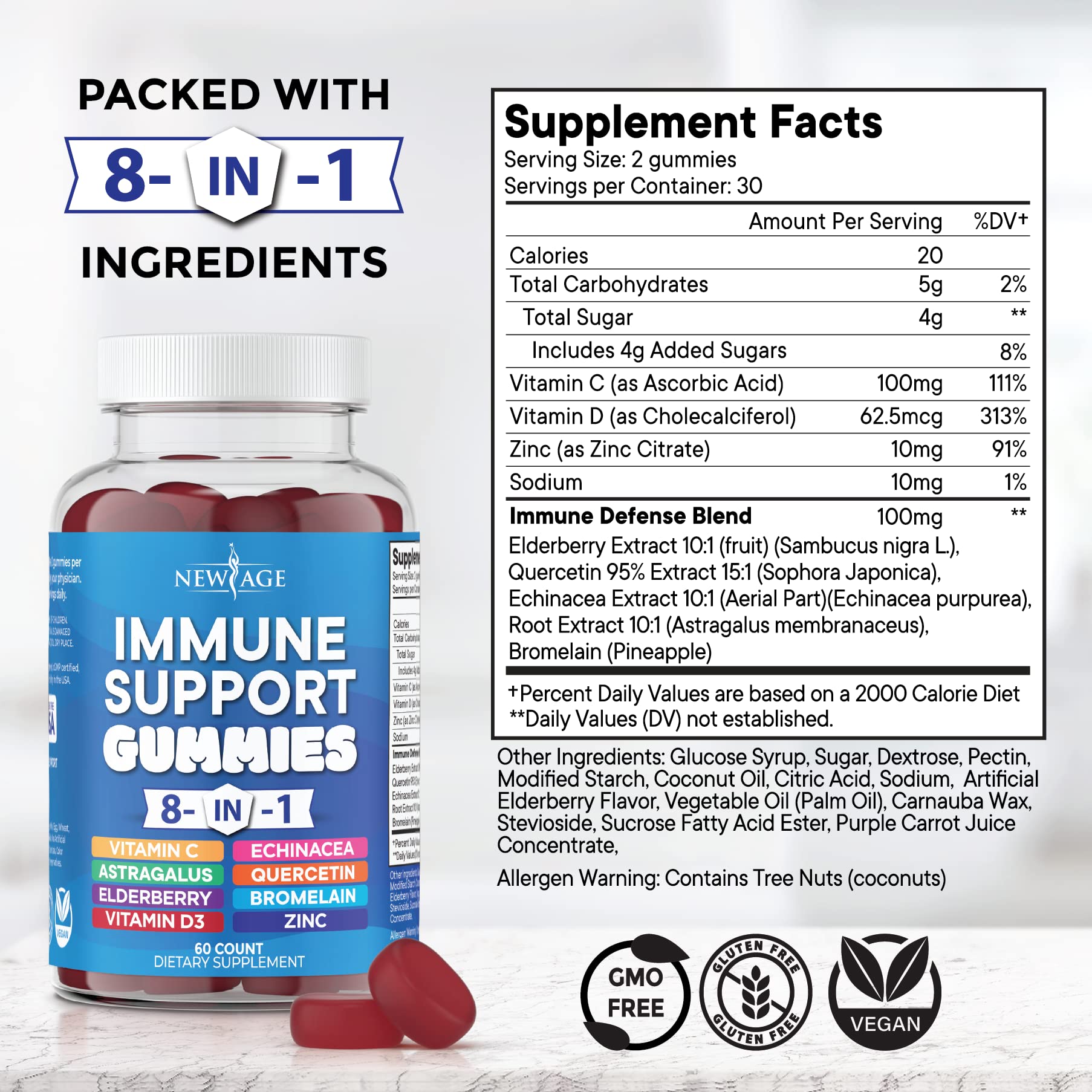 NEW AGE 8-in-1 gummies pack of 3 shown for convenient daily immune boost