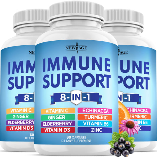 NEW AGE 8in1 immune support pack front view showing triple bottle set