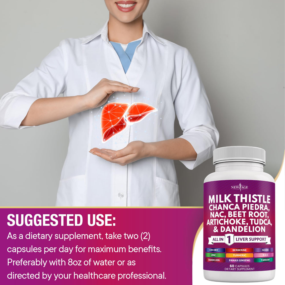 NEW AGE all-in-one liver detox label demonstrates simplified daily routine.