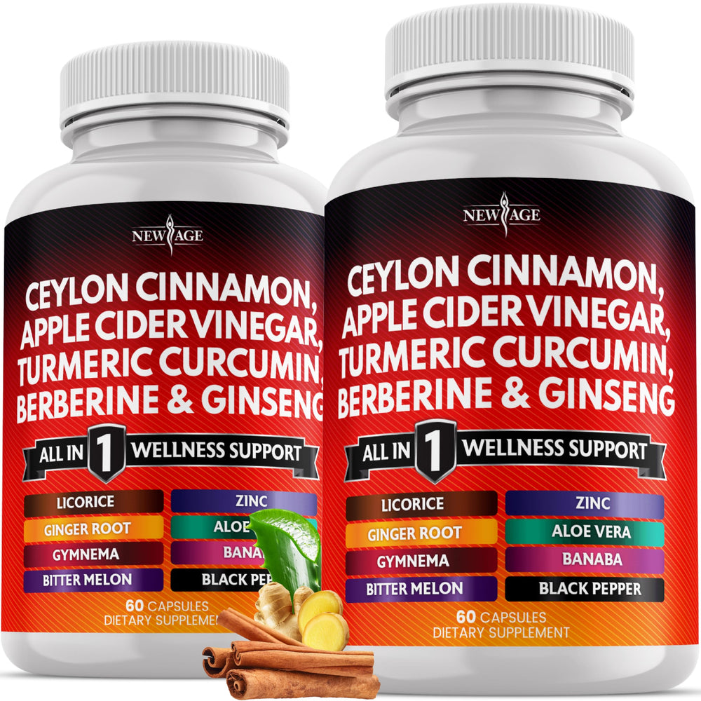 NEW AGE all-in-one cinnamon blend bottle highlights 14-in-1 formula for daily wellness.