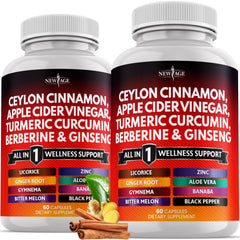 NEW AGE all-in-one cinnamon blend bottle highlights 14-in-1 formula for daily wellness.