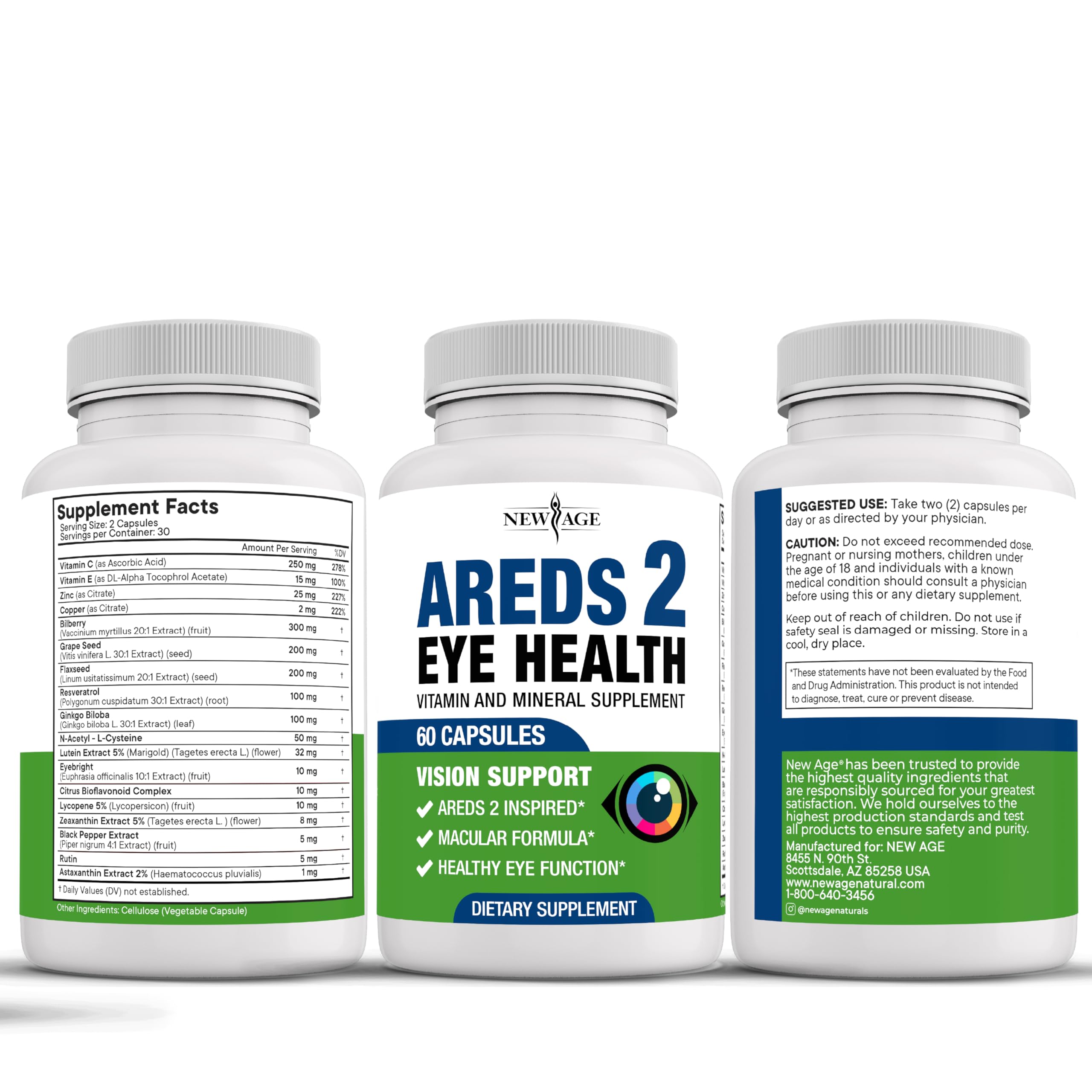 NEW AGE AREDS 2 packaging highlighting comprehensive eye nutrient blend