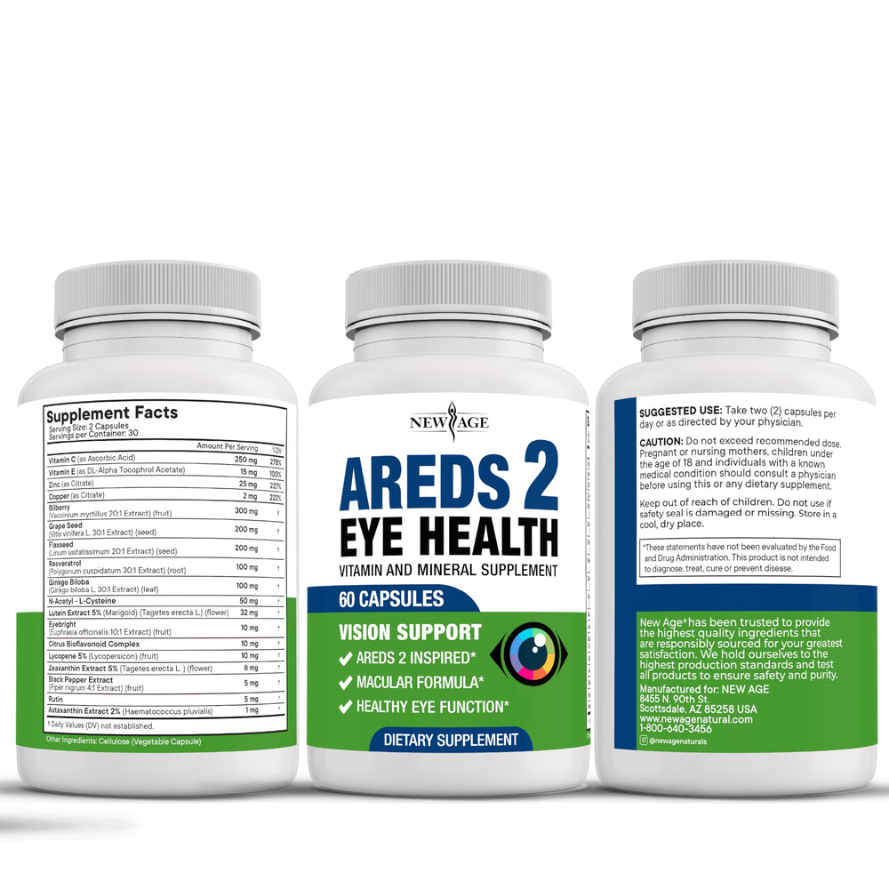 NEW AGE AREDS 2 packaging highlighting comprehensive eye nutrient blend