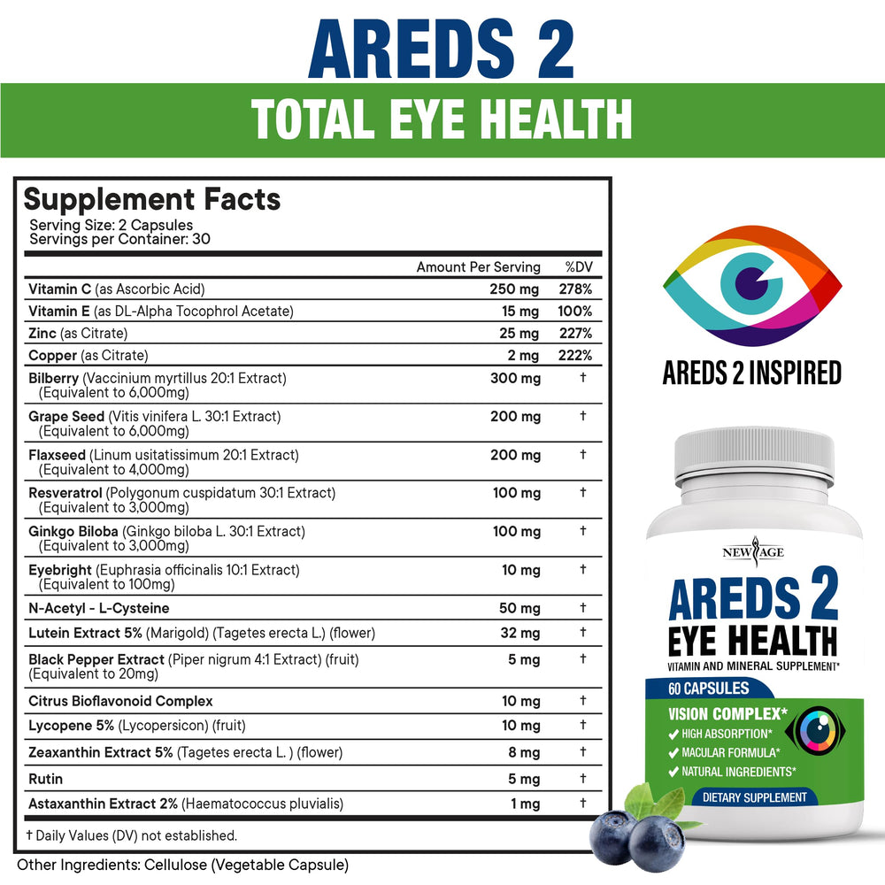 NEW AGE AREDS 2 capsules close-up with bilberry and grape seed blend for eye health