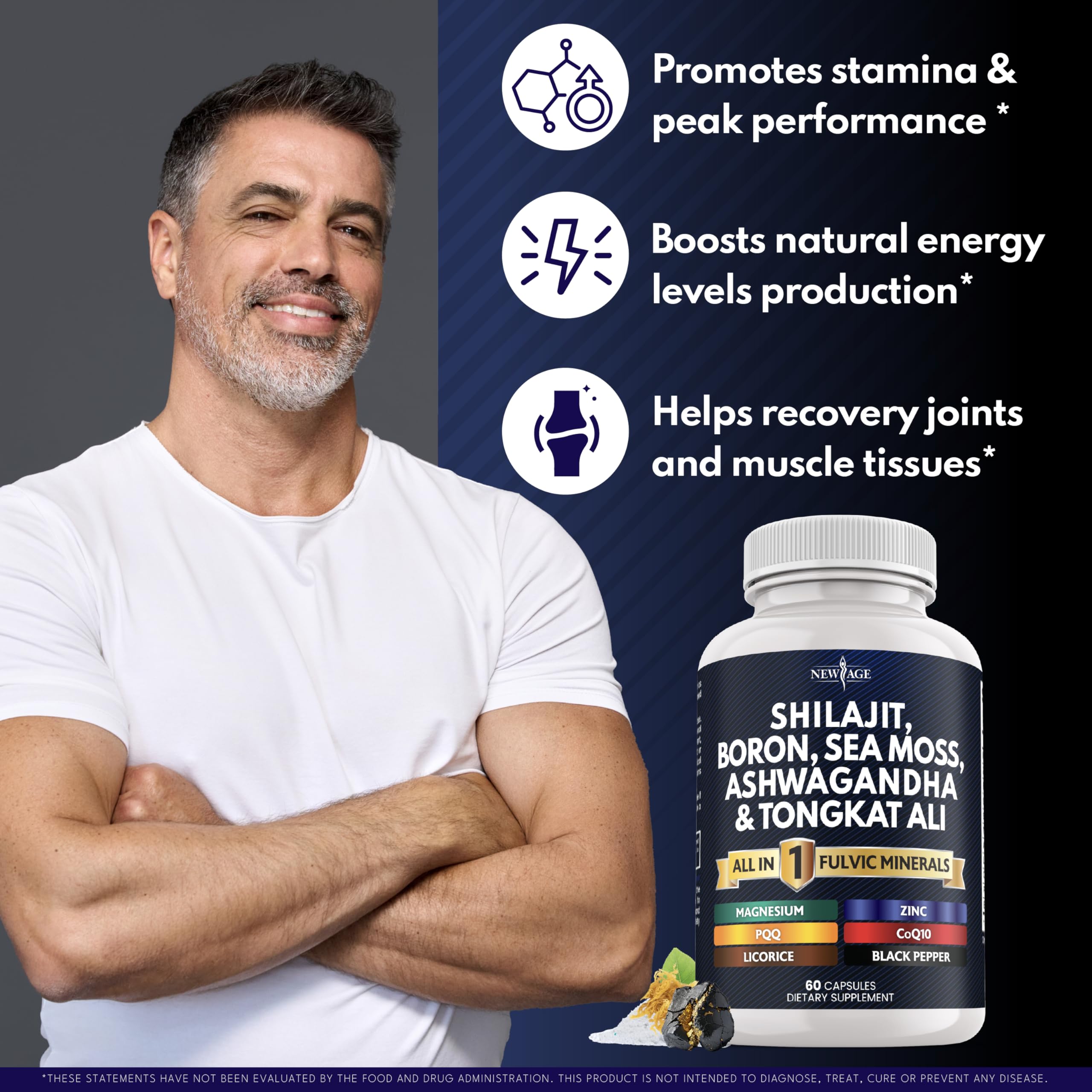 NEW AGE Ashwagandha Tongkat Ali capsules signaling adaptogen blend benefits.
