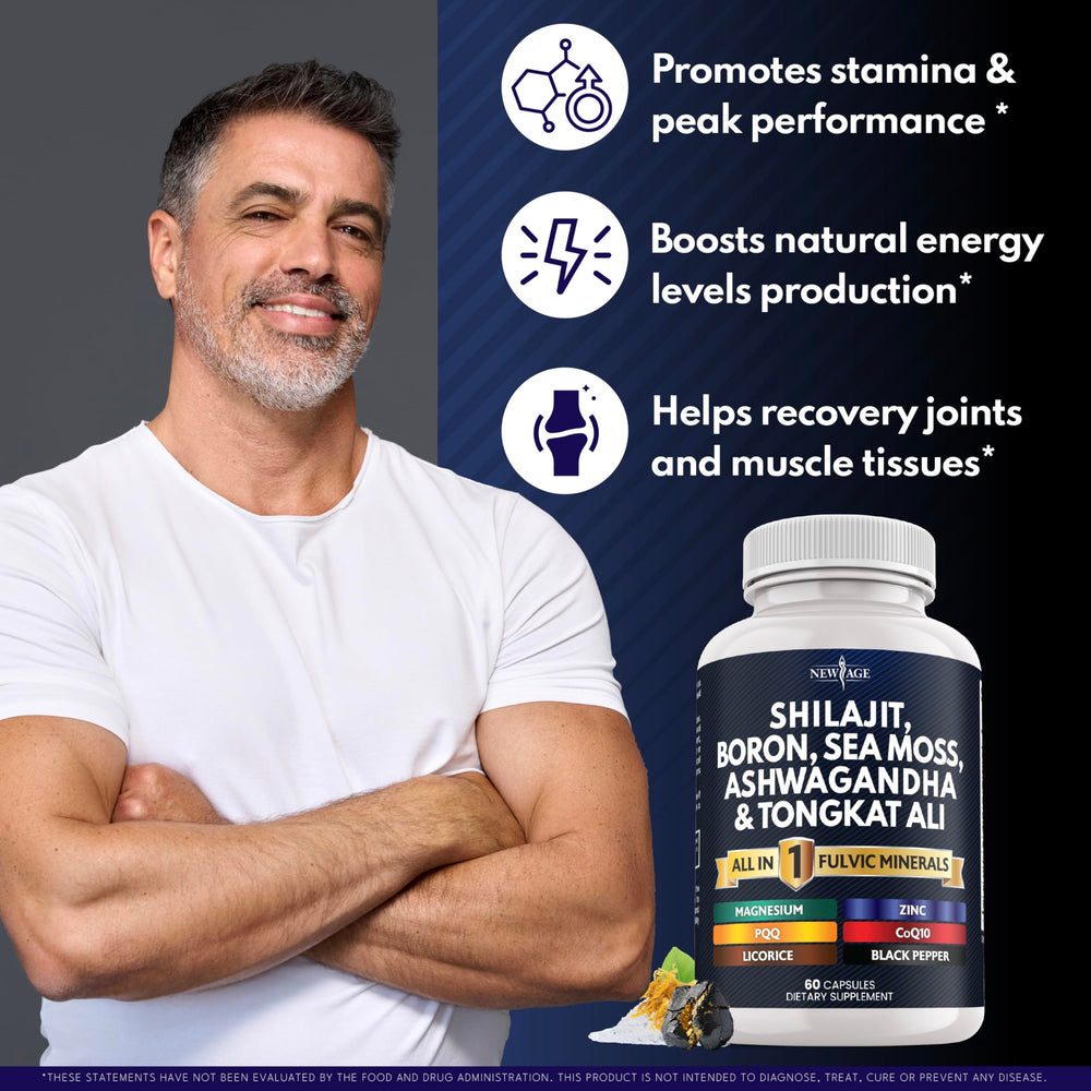 NEW AGE Ashwagandha Tongkat Ali capsules signaling adaptogen blend benefits.