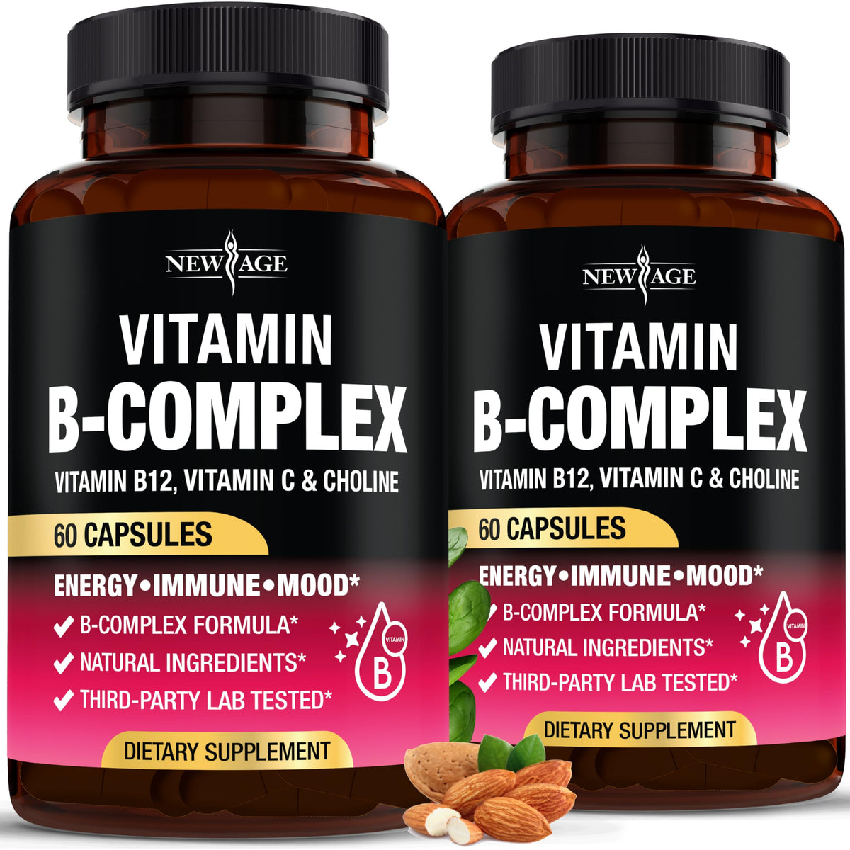 NEW AGE Vitamin B Complex bottle - front view, promoting daily energy and focus.