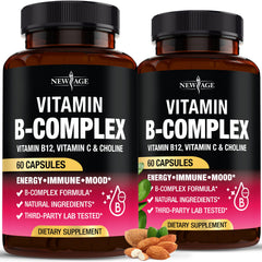 NEW AGE Vitamin B Complex bottle - front view, promoting daily energy and focus.